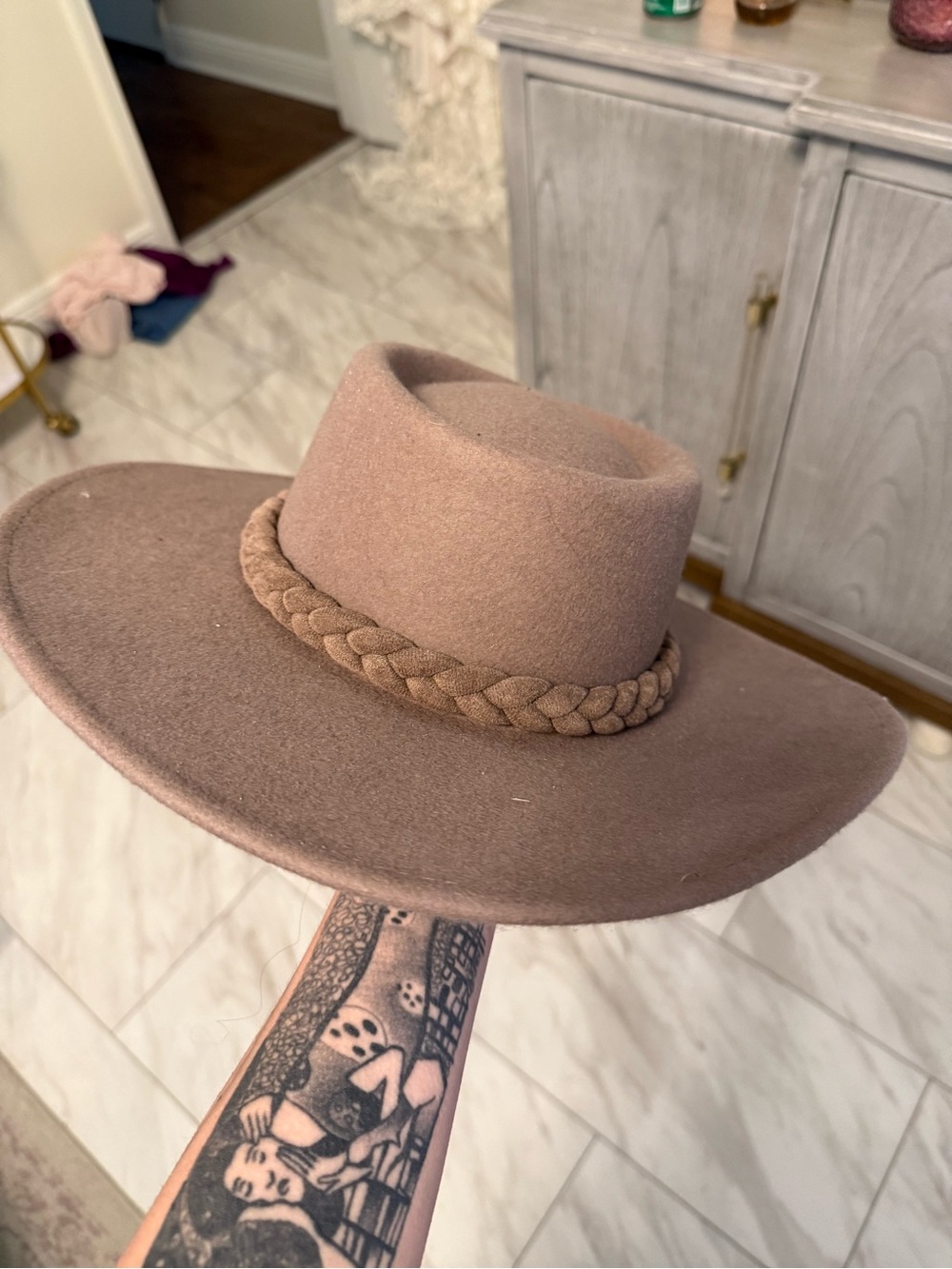 Braided Band Wide-Brim Wool Felt Hat - Taupe